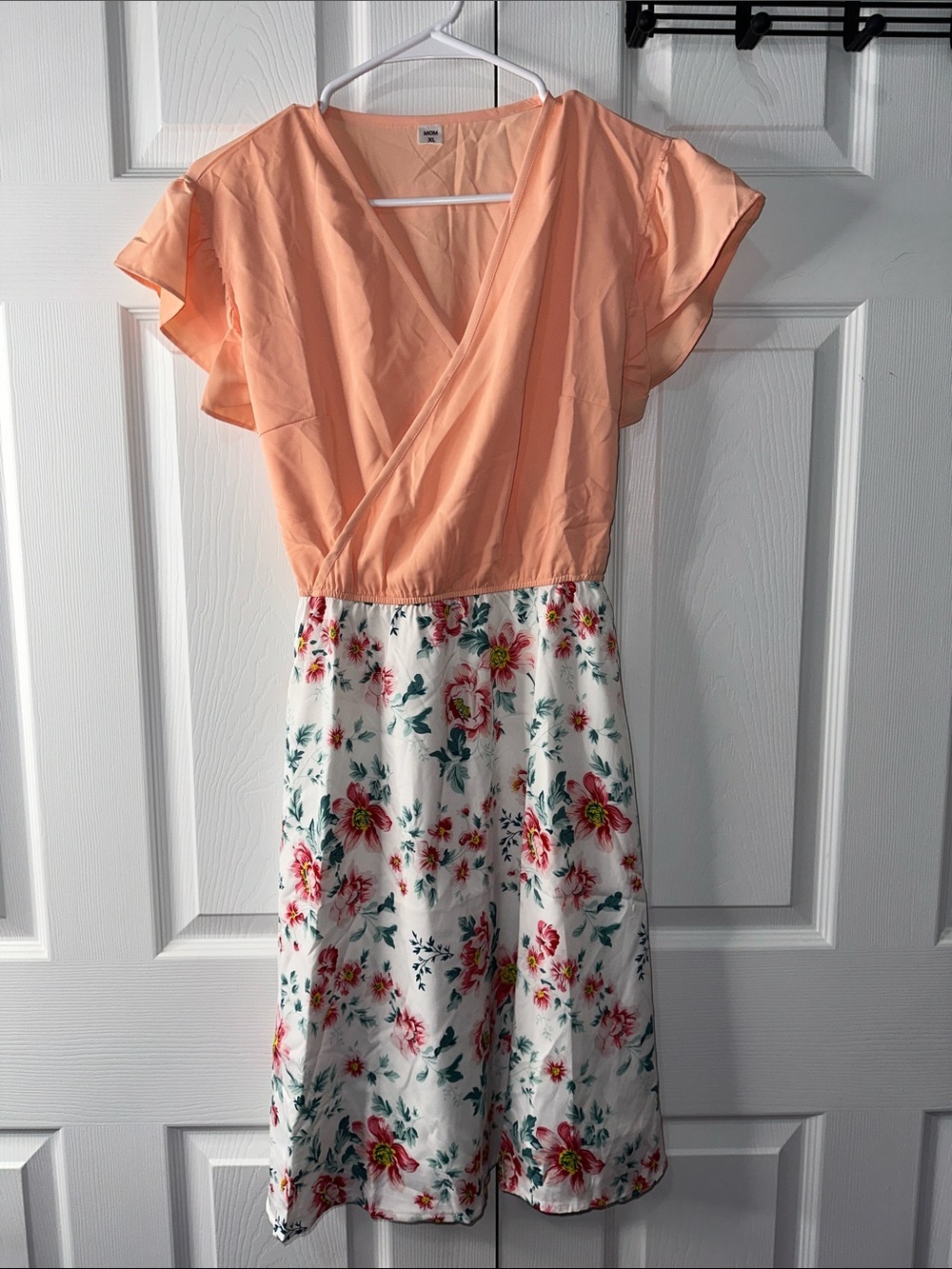 Peach Floral Midi Dress with V-Neck and Flutter Sleeves